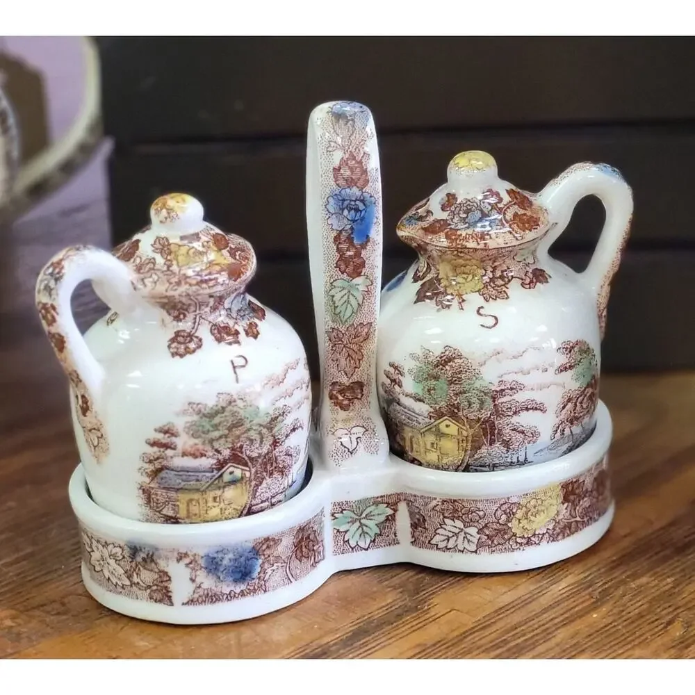 Vintage NASCO Mountain Woodland Salt Pepper Shakers Caddy Transferware Japan